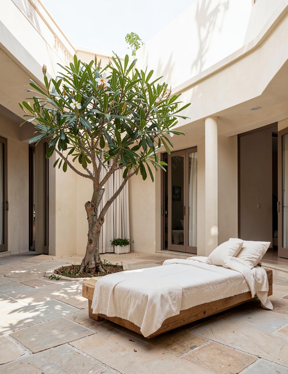 A quiet villa courtyard with a frangipani tree and linen daybed